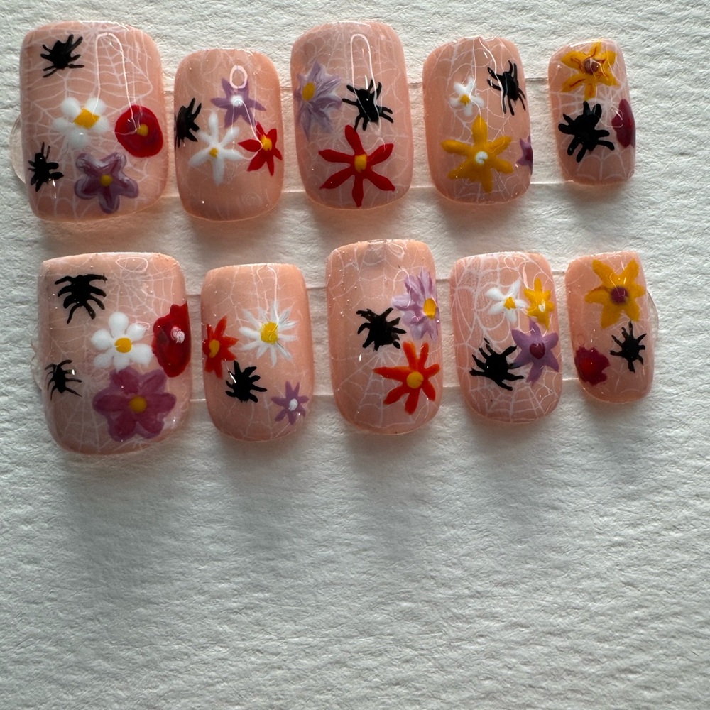 Floral and Spiderweb Aprés gel-x hand painted custom press on set.